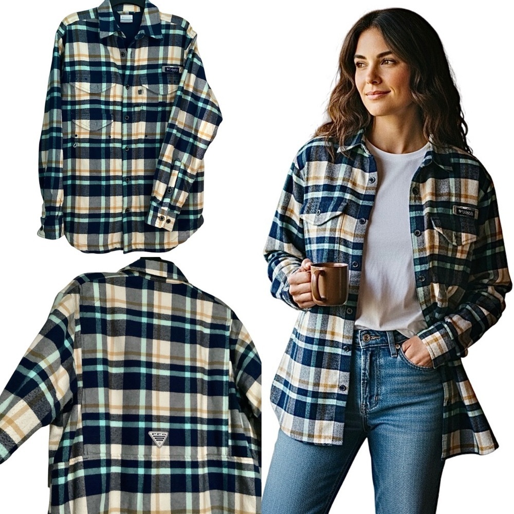 Columbia PFG Blue Plaid Cotton Flannel Button-Up Shirt Jacket Men’s Size Medium